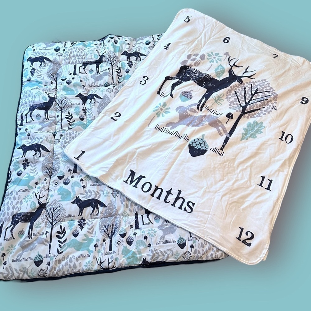 White Blue Baby Blanket Carousel Designs Forest Animals Woodland Creatures Month